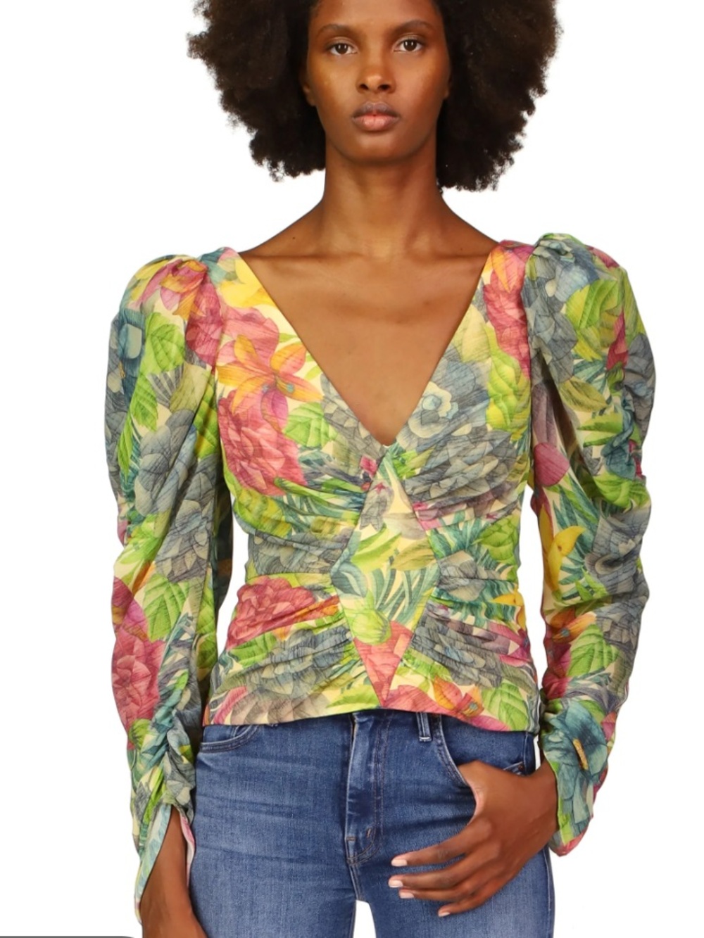 ·Amur· Tropical Woodgrain Floral Chiffon Jerre Blouse Top